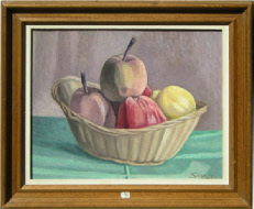 N° 7: Fruits dans panier - Huile sur carton - Format: 33 X 41 cm (6 F) - Cadre neuf - Estimation: 1100 € - PRIX: 890 €