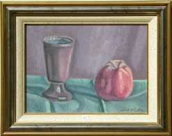 N° 25: Huile sur panneau: Mazagran et pomme - format 27 X 35 cm (5F) - années 50 env. - cadre neuf - estimation: 750 € - PRIX: 600 €