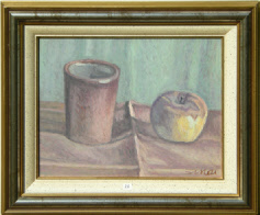N° 26: Verre et pomme - Huile sur carton - format 27 X 35 cm ( 5F) - Années 50 - cadre neuf - Estimation: 1000 € - PRIX: 790 €