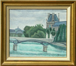 N° 82: Huile sur toile: Paris: Monuments et pont - Format 38 X 46 cm (8F) - années 50 env. - cadre neuf - estimation: 1250 € - PRIX: 990 €