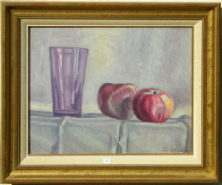 N° 18: Huile sur carton: - Verre et deux pommes - format 33 X 41 cm - années 50 env. - cadre neuf - estimation: 1000 € - PRIX: 790 €